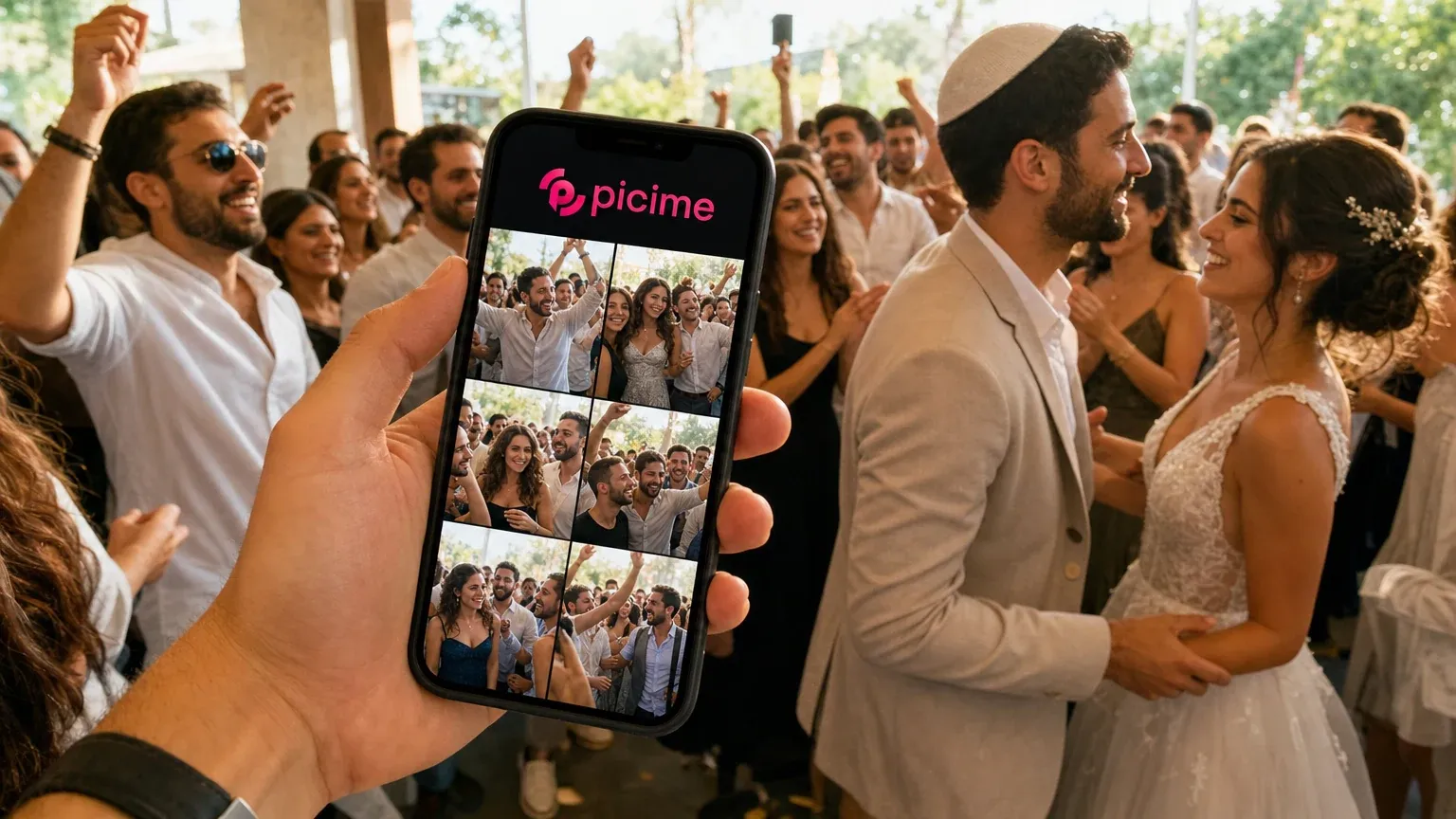 חתונות שישי הן קצרות ודינמיות. גלו איך מערכת שיתוף תמונות חכמה מונעת תורים, משאירה את הרחבה מלאה ושולחת לאורחים מזכרת לנייד עוד לפני כניסת השבת.